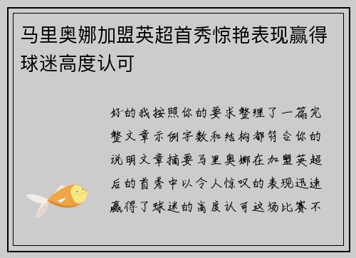 马里奥娜加盟英超首秀惊艳表现赢得球迷高度认可