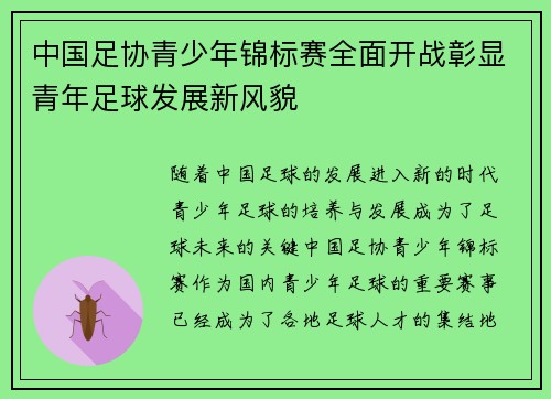 中国足协青少年锦标赛全面开战彰显青年足球发展新风貌 中国足协青少年锦标赛全面开战彰显青年足球发展新风貌