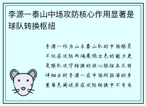 李源一泰山中场攻防核心作用显著是球队转换枢纽