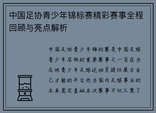 中国足协青少年锦标赛精彩赛事全程回顾与亮点解析